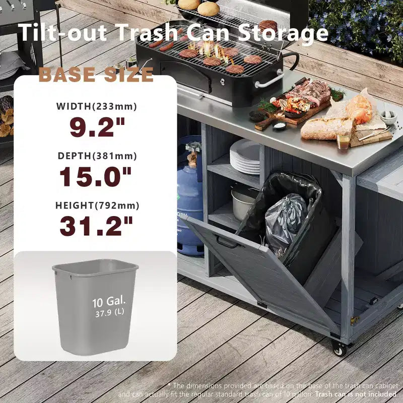 Îlot de cuisine d'extérieur FAMYYT de 198,9 cm avec comptoir en acier inoxydable, station de barbecue pliable et armoires de rangement, Bleu Gris