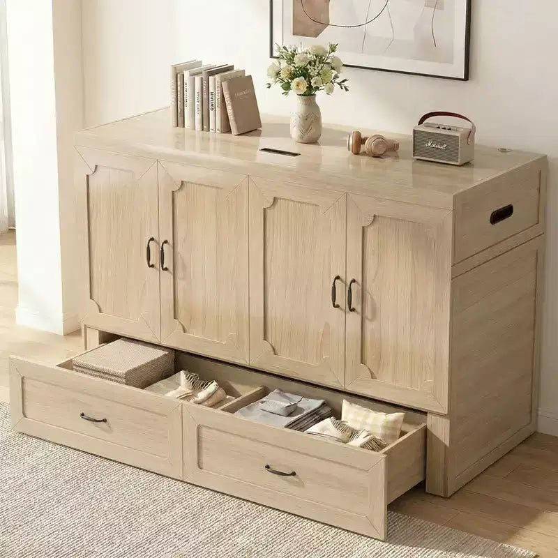 Lit armoire escamotable convertible Mjkone Queen Size avec chargement USB, tiroirs de rangement, matelas non inclus