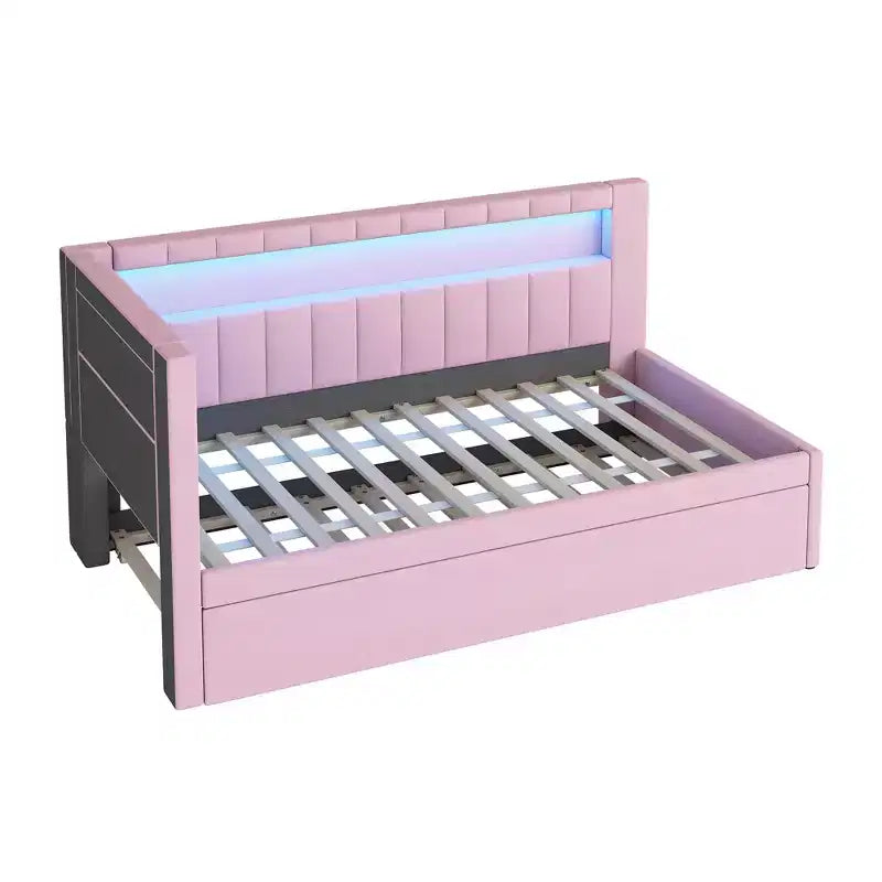 Lit de repos double/complet avec tiroir gigogne et tête de lit bibliothèque en L, lit d'angle doux rembourré en lin avec étagères de rangement et bande LED