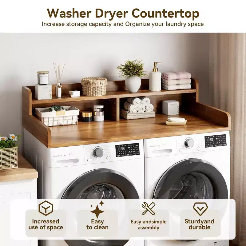 Comptoir de lave-linge et sèche-linge à 2 niveaux avec étagère ou tiroirs, couvercle de comptoir de buanderie avec coussin antidérapant, 54x27,5 - Dessus de lave-linge pour plier les vêtements