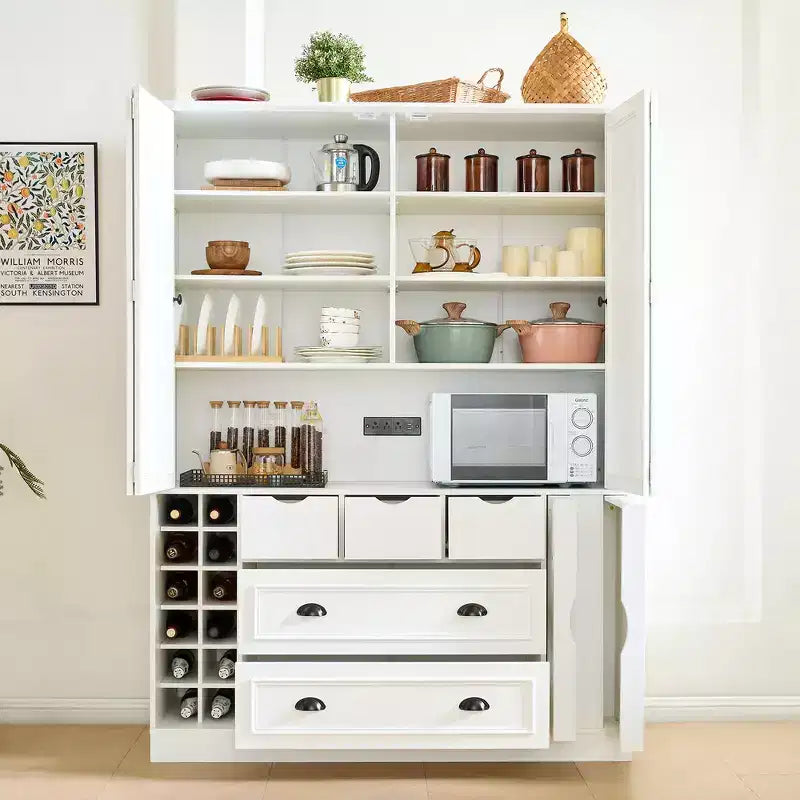 Garde-manger de cuisine autoportant Whisen de 180 cm de haut, grand buffet de salle à manger avec 4 portes pliantes, étagères, porte-bouteilles