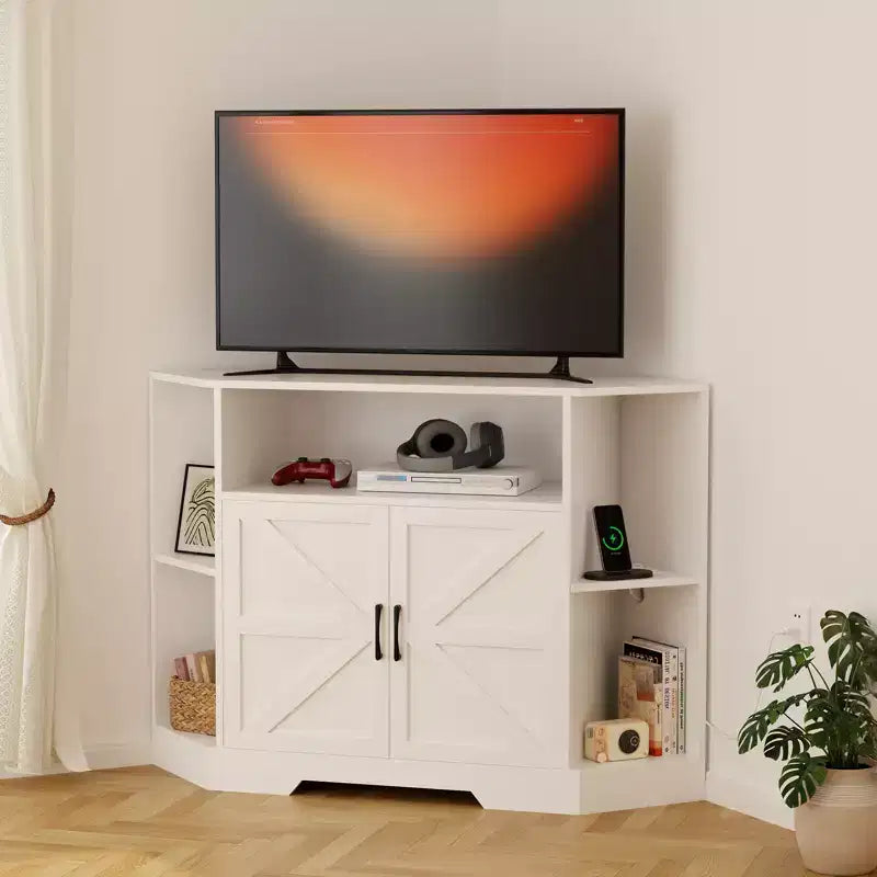 Meuble TV d'angle pour téléviseurs jusqu'à 55 pouces Meuble console média de style ferme avec portes de grange, étagères ouvertes et armoire de rangement, Blanc