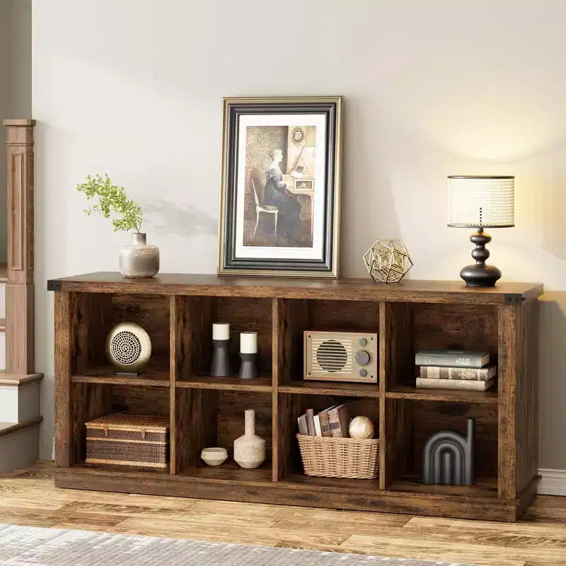 Étagère de rangement à 8 cubes, bibliothèque horizontale de style ferme, bibliothèque de rangement en bois de 157 cm pour entrée, étagères basses et longues pour salon