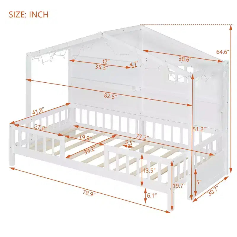 Lit cabane double avec étagères de rangement et barrières, cadre de lit Montessori en bois pour enfants avec fenêtre et bande lumineuse scintillante