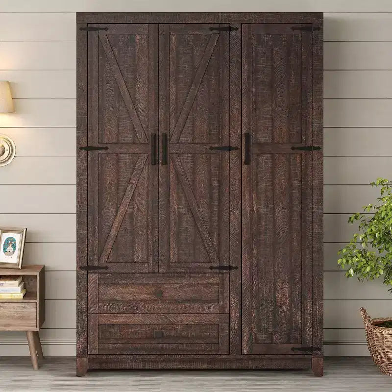 AMERLIFE Armoire de garde-robe de ferme 47 avec 3 portes, 2 tiroirs, tringle à vêtements et étagères réglables, organisateur de placard autoportant