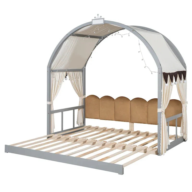 Lit cabane Montessori en bois massif avec plateforme, toit voûté et lit gigogne pour filles et garçons