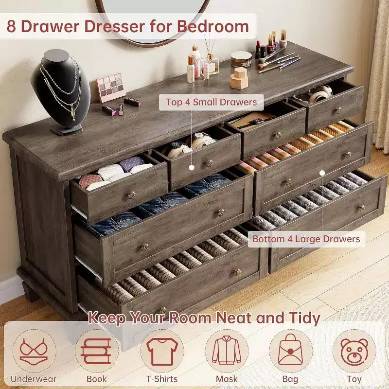 Commode à 8 tiroirs pour chambre à coucher, meuble TV vintage de 59 po avec poignées sculptées et pieds fuselés, commode en bois avec grande capacité de rangement