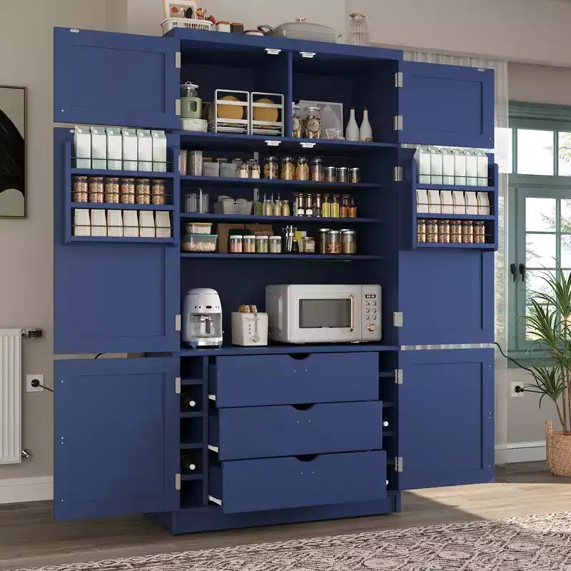 Grand meuble de garde-manger de cuisine avec prises électriques, grand placard autoportant avec support pour micro-ondes, tiroirs, étagères, casiers à vin et étagère de porte