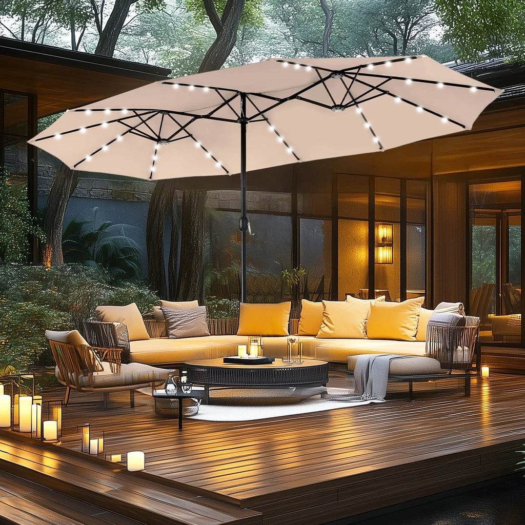 MAISON ARTS Parasol excentré rectangulaire de 4,5 m avec manivelle, parasol de marché double face d'extérieur avec lumières LED solaires et base incluse