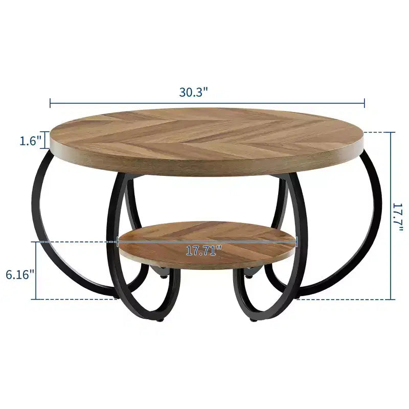 Table basse industrielle ronde de 30 pouces à 2 niveaux avec pieds réglables, étagère à grain de bois, motif flamme, assemblage facile, salon
