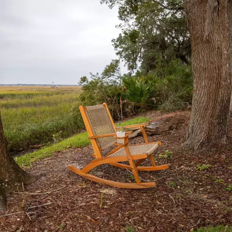 Chaise à bascule Aspect Living Vega avec porte-gobelet, finition naturelle, pour terrasse, jardin, intérieur et extérieur - Construction en bois robuste