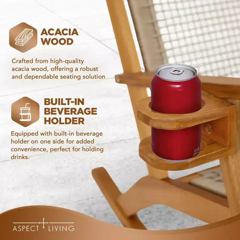 Chaise à bascule Aspect Living Vega avec porte-gobelet, finition naturelle, pour terrasse, jardin, intérieur et extérieur - Construction en bois robuste