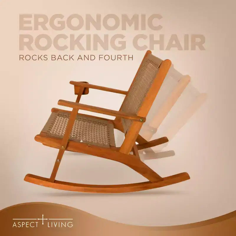 Chaise à bascule Aspect Living Vega avec porte-gobelet, finition naturelle, pour terrasse, jardin, intérieur et extérieur - Construction en bois robuste