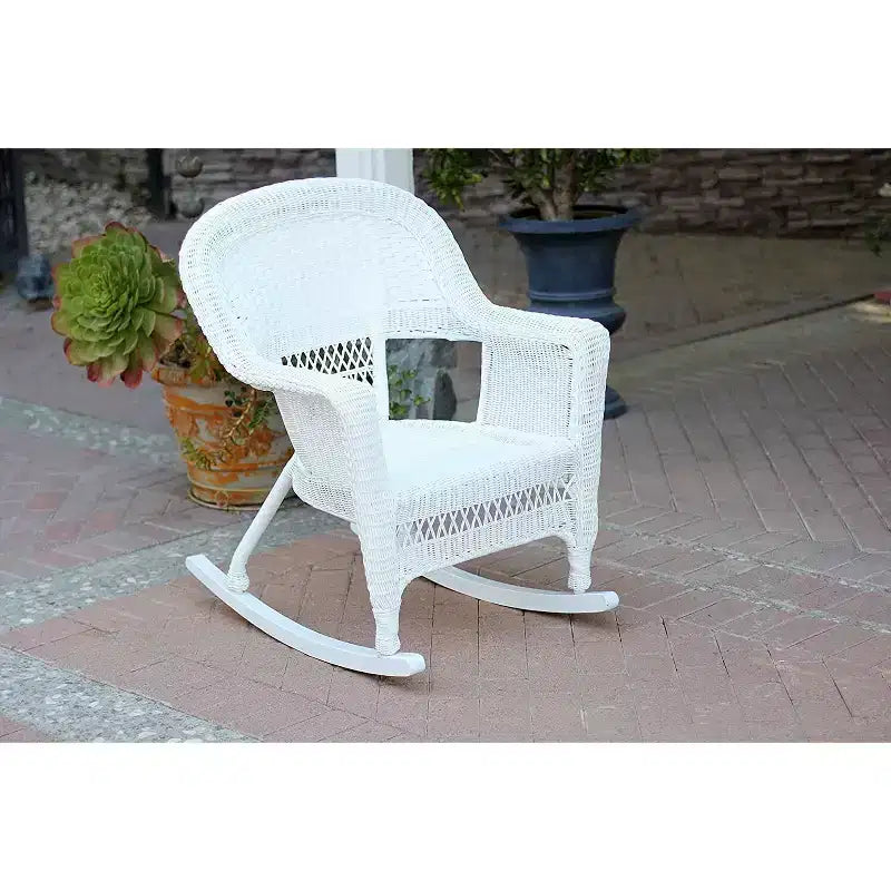 HomeStock Motifs Modernes – Lot de 2 chaises de patio, chaises à bascule d'extérieur en résine tressée blanche, cadre en acier pour plus de durabilité, empilables pour le rangement
