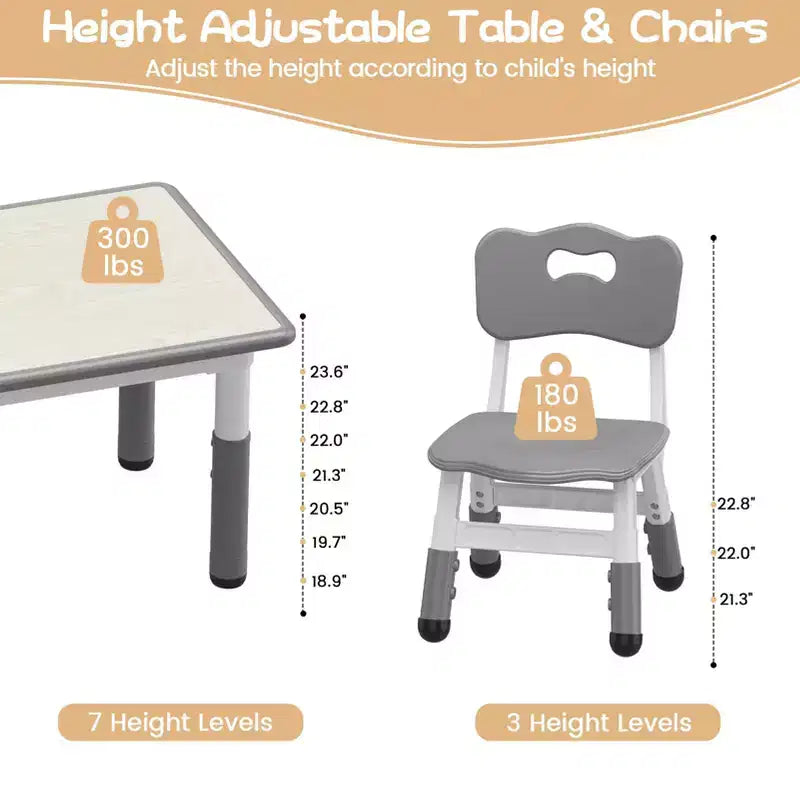 Table et 6 chaises pour enfants avec boîte de rangement, ensemble table et chaises réglables en hauteur pour tout-petits de 2 à 10 ans