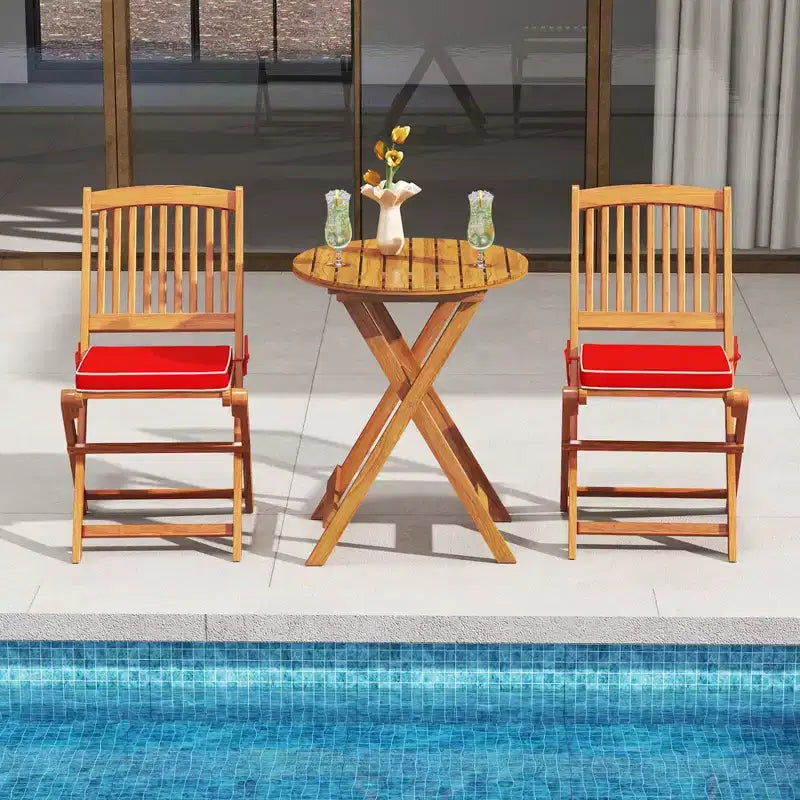 Costway Lot de 2 chaises pliantes d'extérieur en bois d'acacia, dossier haut, avec coussins d'assise, beige/rouge/bleu marine