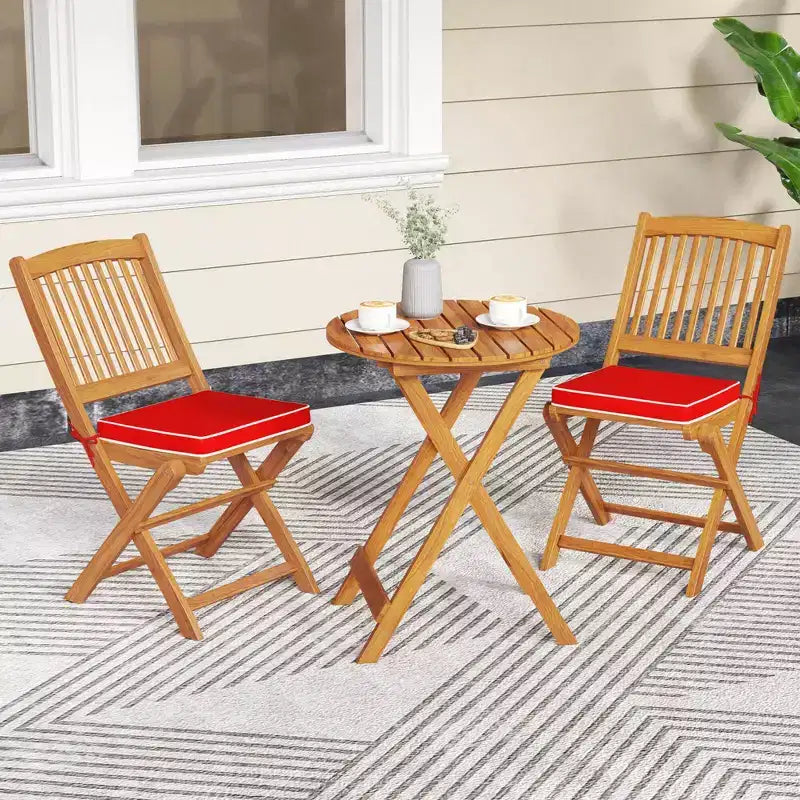 Costway Lot de 2 chaises pliantes d'extérieur en bois d'acacia, dossier haut, avec coussins d'assise, beige/rouge/bleu marine