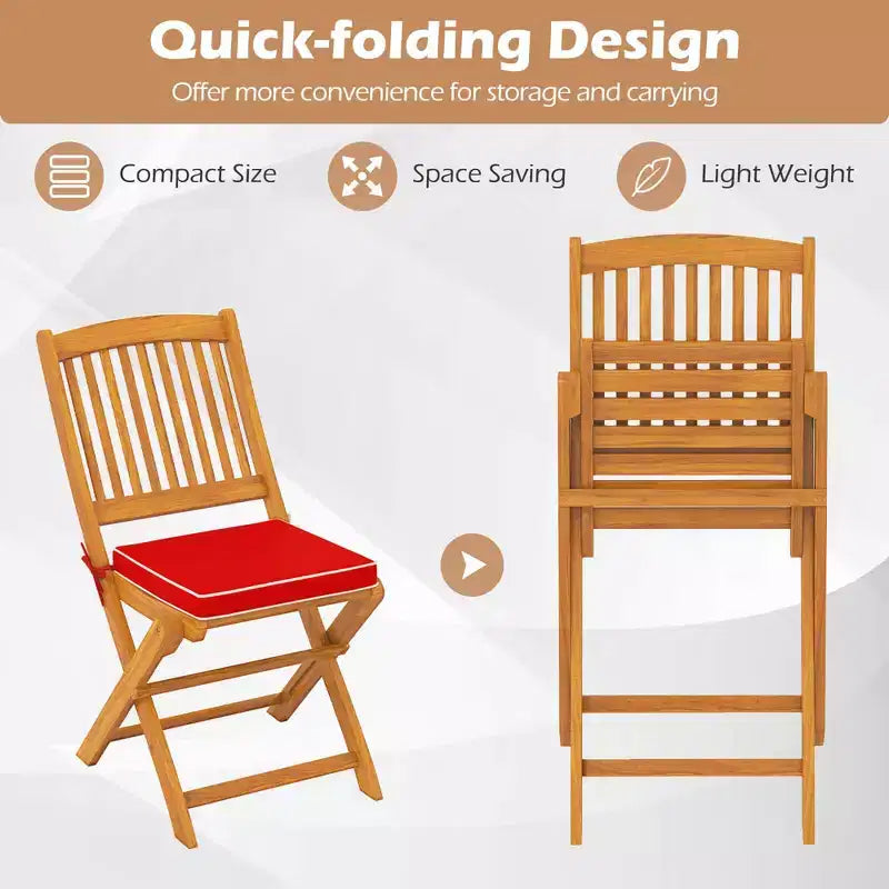 Costway Lot de 2 chaises pliantes d'extérieur en bois d'acacia, dossier haut, avec coussins d'assise, beige/rouge/bleu marine