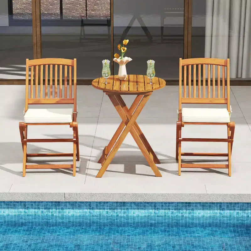 Costway Lot de 2 chaises pliantes d'extérieur en bois d'acacia, dossier haut, avec coussins d'assise, beige/rouge/bleu marine