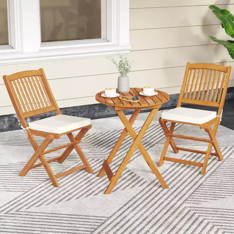 Costway Lot de 2 chaises pliantes d'extérieur en bois d'acacia, dossier haut, avec coussins d'assise, beige/rouge/bleu marine