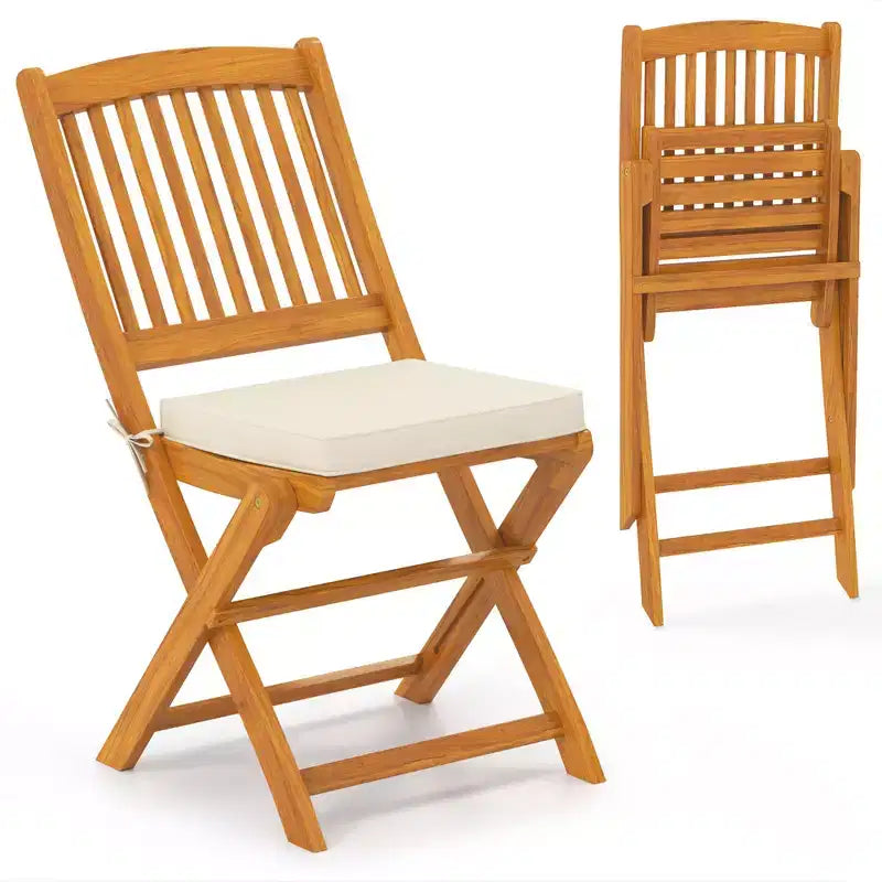 Costway Outdoor Folding Chairs Set of 2 Acacia Wood High-Back Chair with Seat Cushions Beige/Red/Navy
