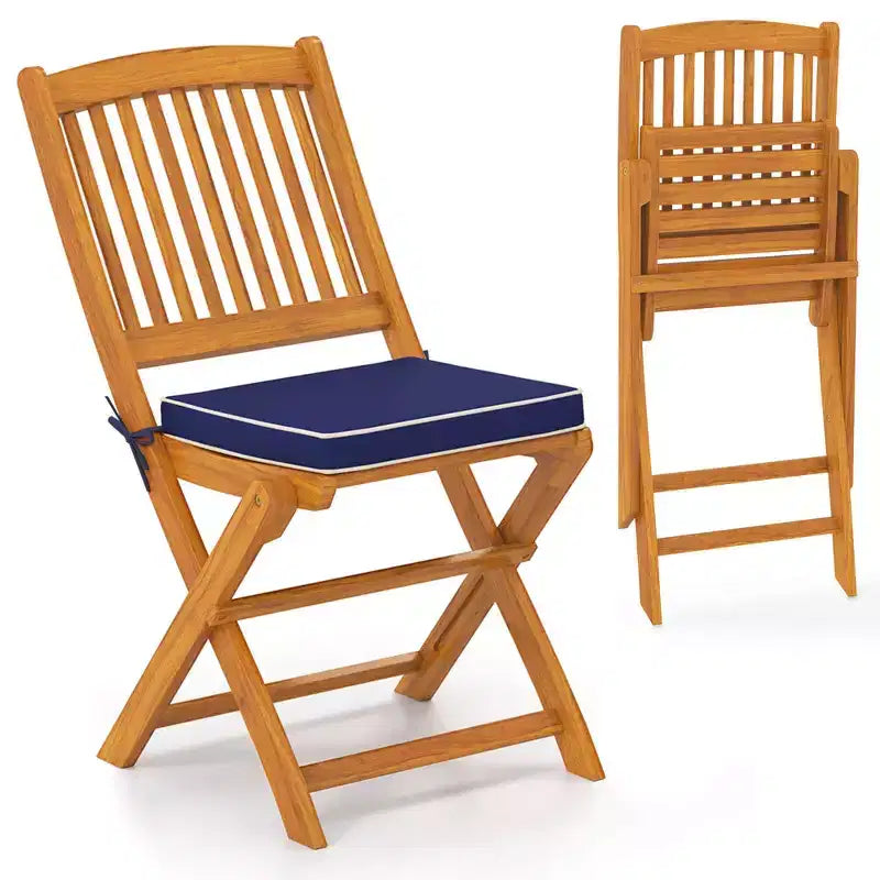 Lot de 4 chaises pliantes d'extérieur Costway en bois d'acacia, dossier haut, avec coussins d'assise beige/bleu marine/rouge