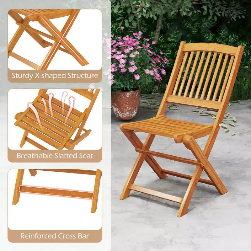 Lot de 4 chaises pliantes d'extérieur Costway en bois d'acacia, dossier haut, avec coussins d'assise beige/bleu marine/rouge
