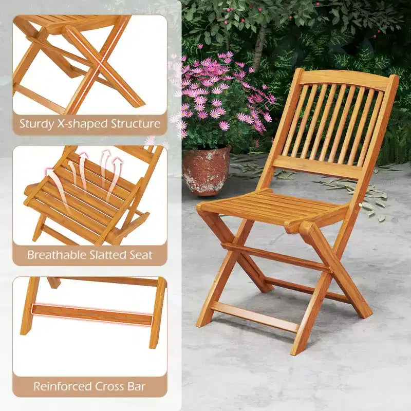Lot de 4 chaises pliantes d'extérieur Costway en bois d'acacia, dossier haut, avec coussins d'assise beige/bleu marine/rouge