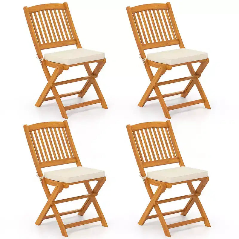 Costway Outdoor Folding Chairs Set of 4 Acacia Wood High-Back Chair with Seat Cushions Beige/Navy/Red