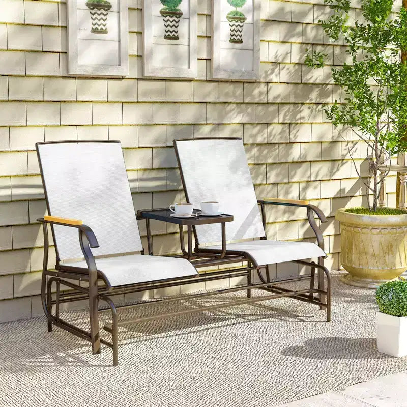 Banc à bascule Outsunny pour 2 personnes avec table, balançoire de jardin en maille respirante pour terrasse, jardin, arrière-cour, porche