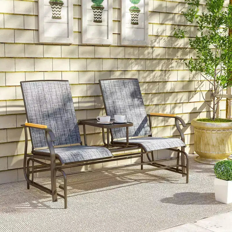 Banc à bascule Outsunny pour 2 personnes avec table, balançoire de jardin en maille respirante pour terrasse, jardin, arrière-cour, porche