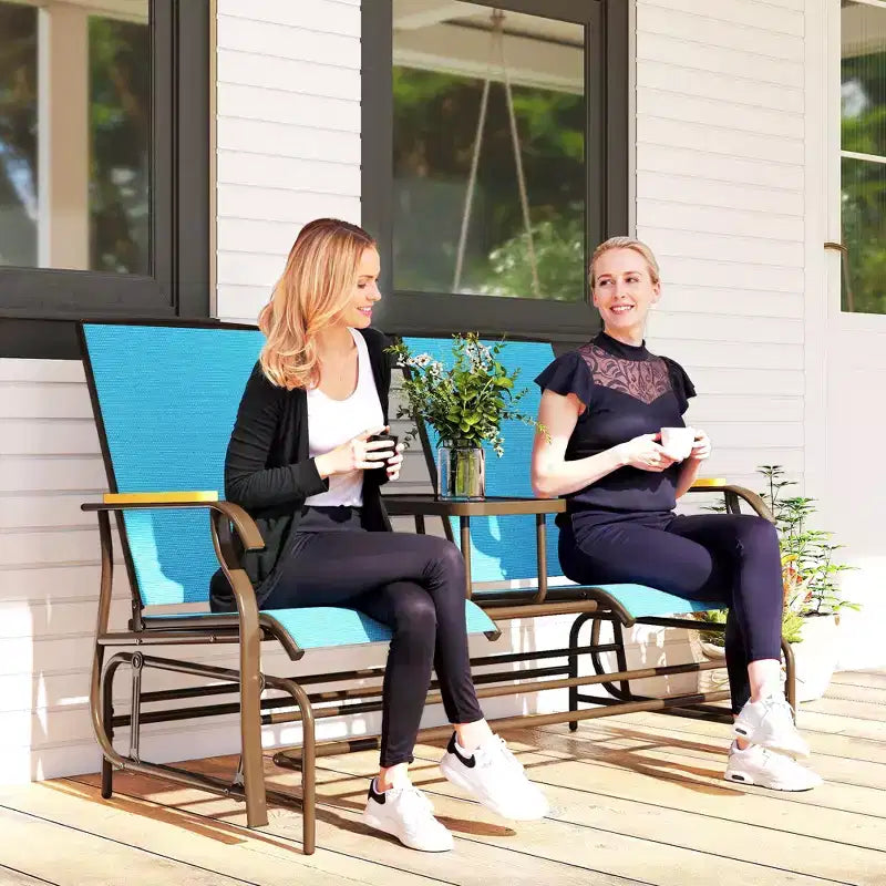 Banc à bascule Outsunny pour 2 personnes avec table, balançoire de jardin en maille respirante pour terrasse, jardin, arrière-cour, porche