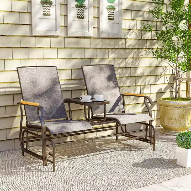 Banc à bascule Outsunny pour 2 personnes avec table, balançoire de jardin en maille respirante pour terrasse, jardin, arrière-cour, porche