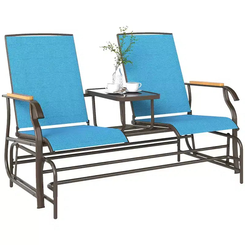 Outsunny Outdoor 2-Person Glider Bench with Table, Outside Breathable Mesh Swing Chair for Patio, Garden, Backyard, Porch
