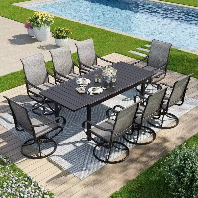Captiva Designs 9pc Patio Dining Set with Slat-top Adjustable Steel Rectangle Table & Textilene Swivel Chairs