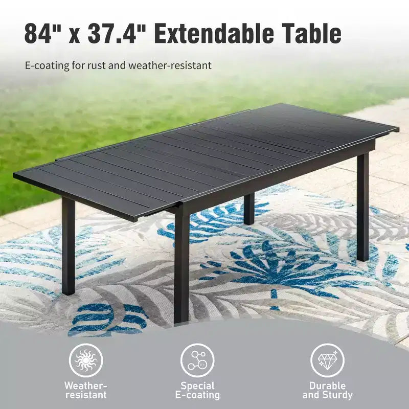 Ensemble de salle à manger d'extérieur Captiva Designs 9 pièces avec table rectangulaire en acier réglable à plateau à lattes et chaises pivotantes en textilène
