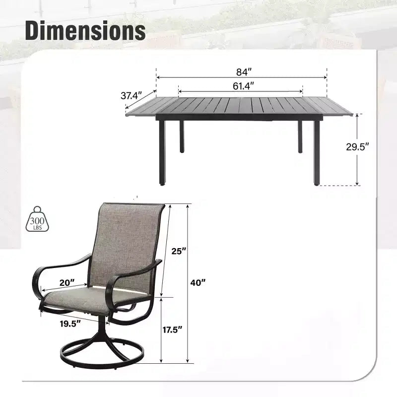 Ensemble de salle à manger d'extérieur Captiva Designs 9 pièces avec table rectangulaire en acier réglable à plateau à lattes et chaises pivotantes en textilène