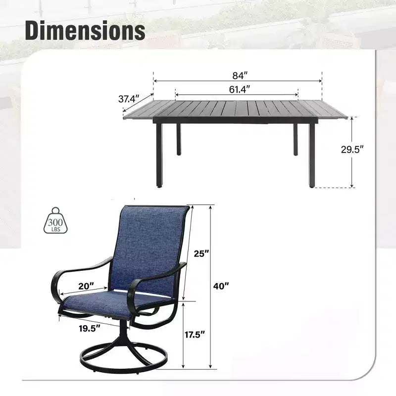 Ensemble de salle à manger d'extérieur Captiva Designs 9 pièces avec table rectangulaire en acier réglable à plateau à lattes et chaises pivotantes en textilène