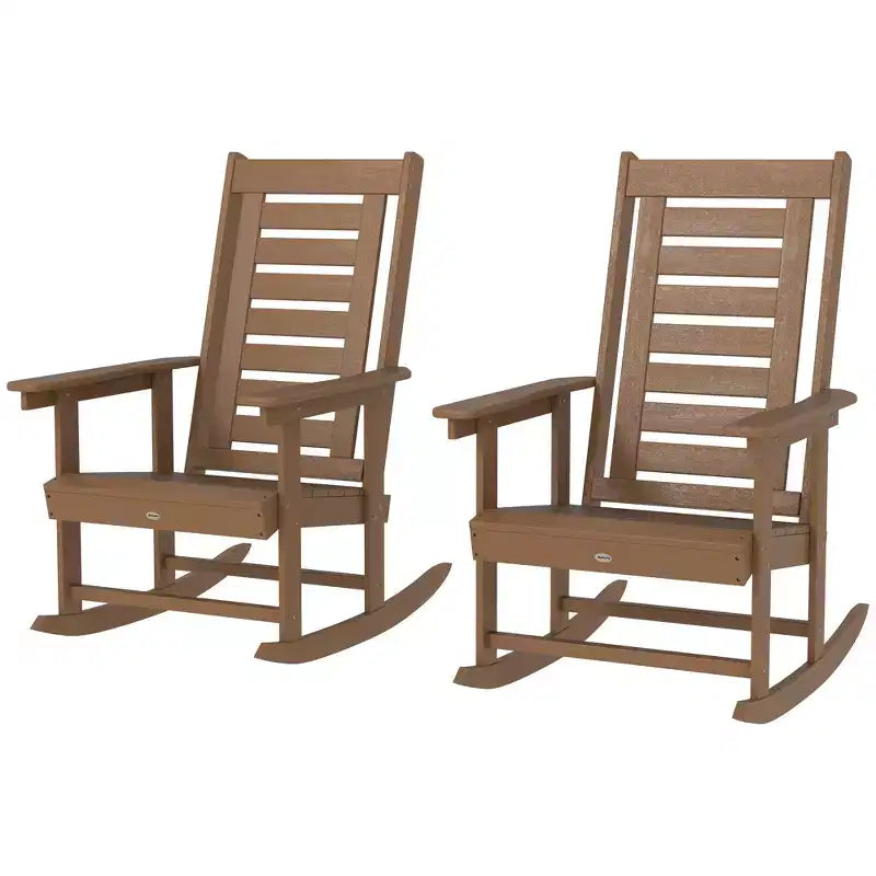 Outsunny Lot de 2 chaises à bascule d'extérieur, fauteuils à bascule de terrasse en PEHD avec dossier haut de 71 cm, accoudoirs larges et assise à lattes pour porche, jardin, balcon