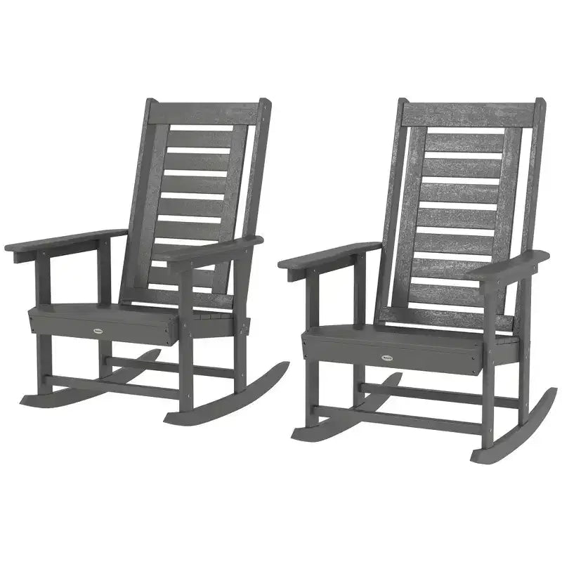 Outsunny Lot de 2 chaises à bascule d'extérieur, fauteuils à bascule de terrasse en PEHD avec dossier haut de 71 cm, accoudoirs larges et assise à lattes pour porche, jardin, balcon