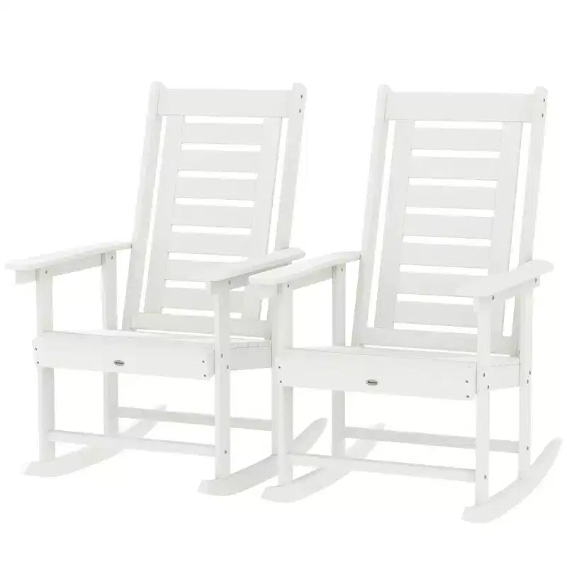 Outsunny Lot de 2 chaises à bascule d'extérieur, fauteuils à bascule de terrasse en PEHD avec dossier haut de 71 cm, accoudoirs larges et assise à lattes pour porche, jardin, balcon
