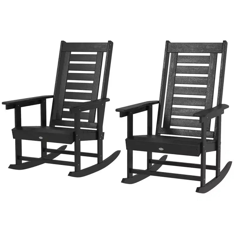 Outsunny Lot de 2 chaises à bascule d'extérieur, fauteuils à bascule de terrasse en PEHD avec dossier haut de 71 cm, accoudoirs larges et assise à lattes pour porche, jardin, balcon