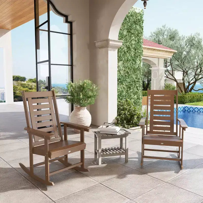Outsunny Lot de 2 chaises à bascule d'extérieur, fauteuils à bascule de terrasse en PEHD avec dossier haut de 71 cm, accoudoirs larges et assise à lattes pour porche, jardin, balcon