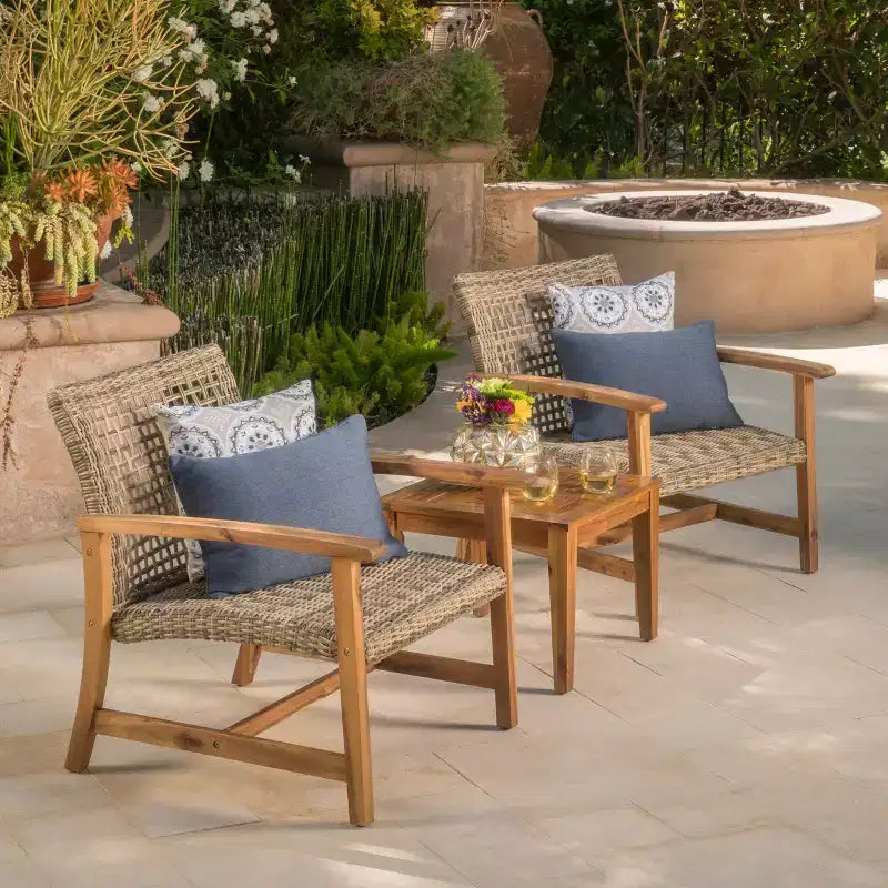 GDFStudio Savannah Outdoor Acacia Wood and Wicker Club Chairs (Set of 2)
