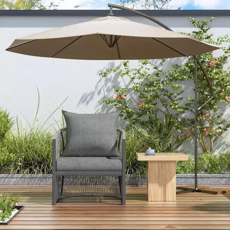 Fauteuil de patio 24W avec dossier incurvé, confort coussiné et design élégant en corde tressée, aluminium, beige+naturel/gris - ModernL