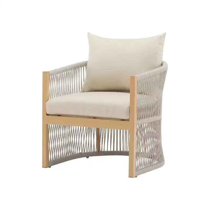 Fauteuil de patio 24W avec dossier incurvé, confort coussiné et design élégant en corde tressée, aluminium, beige+naturel/gris - ModernL