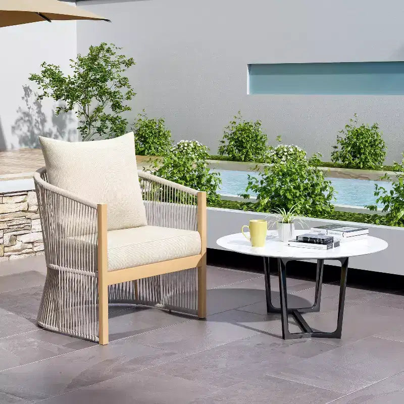 24W Patio Accent Chair Lounge Chair Arm Chair with Curved Back, Cushioned Comfort and Stylish Rope-Weave Design, Aluminum, Beige+Natural/Gray-ModernL