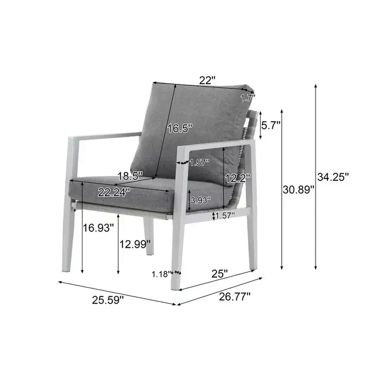 Chaise d'appoint de patio 26W, chaise longue, fauteuil avec coussins confortables et design tressé élégant, aluminium, gris/argent&blanc-ModernLuxe