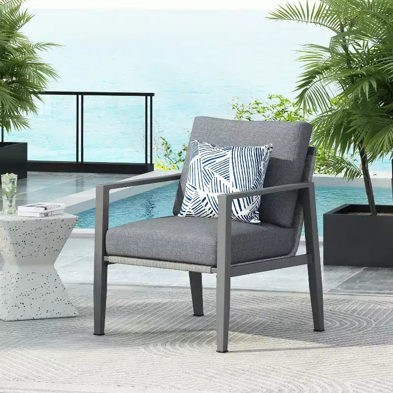 26W Patio Accent Chair Lounge Chair Arm Chair with Comfortable Cushions and Stylish Rope-Weave Design, Aluminum, Gray/Silver&White-ModernLuxe