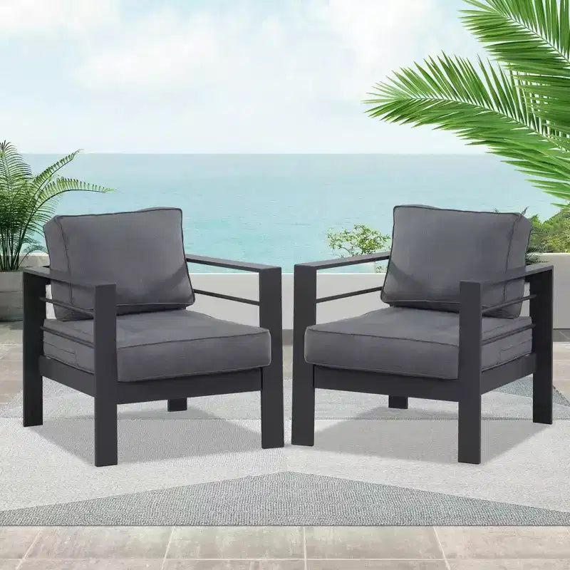 Heynemo Fauteuil de jardin en métal, 2 pièces en aluminium toutes saisons, chaise de canapé contemporaine d'extérieur (blanc) avec coussins (gris clair)